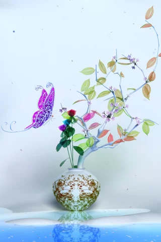 листва, ваза, grand waltz brilliant, бабочька