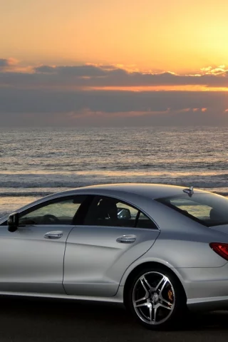 вечер, фото, море, benz cls63 amg, машины, mercedes, мерседес, тачки