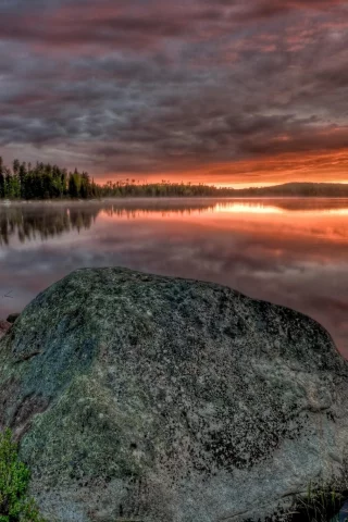 река, камни, закат, лес