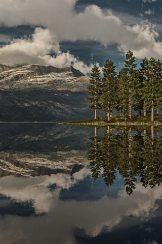 лес, озеро, облака, горы, отражение, природа