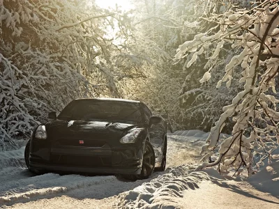 nissan gt-r, зима, черный., пейзаж