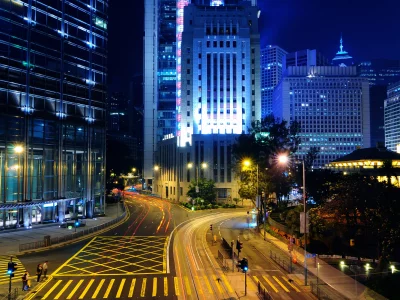 огни, гонконг, hong kong, ночь, здания, дорога
