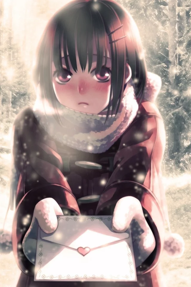 письмо, девочка, аниме, зима, сердечко, снег, minami seira