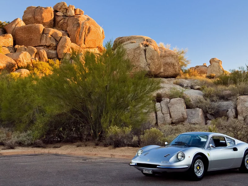 небо, машина, скалы, ferrari, солнце, dino 246gt, деревья, серебряный