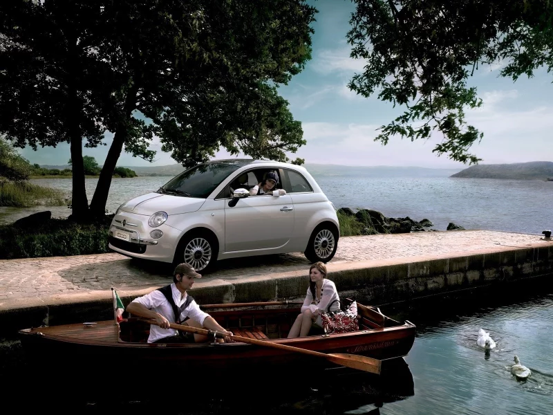 причал, fiat, лодка, море, машина, 500, деревья, пара