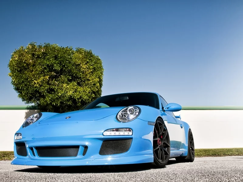 дерево, голубой, забор, передок, суперкар, tuning, 911, порше, porsche, тюнинг, небо