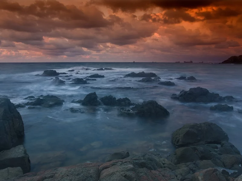 камни, закат, море