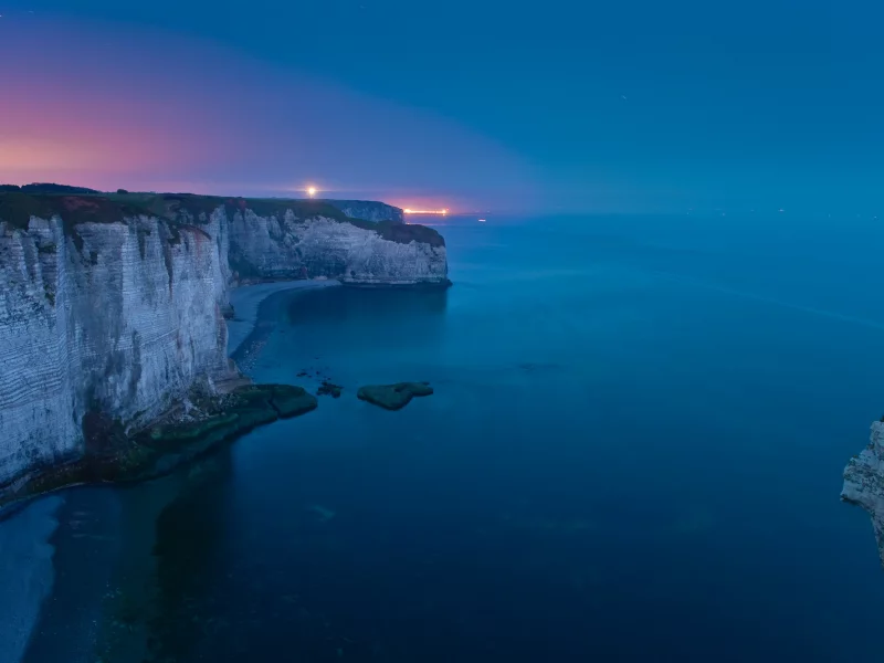 скалы, море, вечер, огни