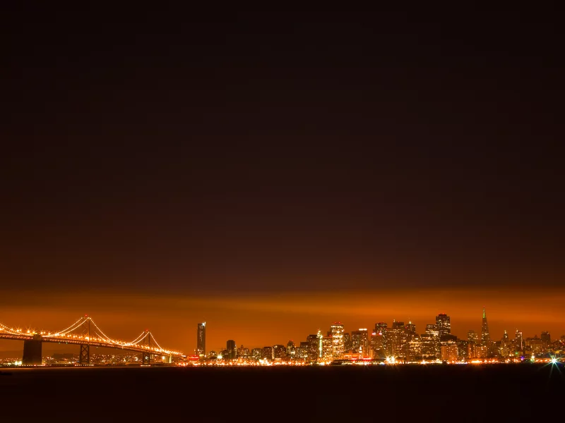 здания, вода, мост, город, небо, сан-франциско, ночь, огни, san francisco