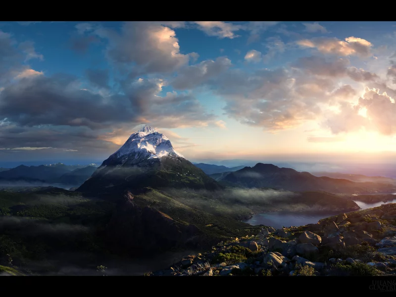 горы, утро, рендер, mountain morning