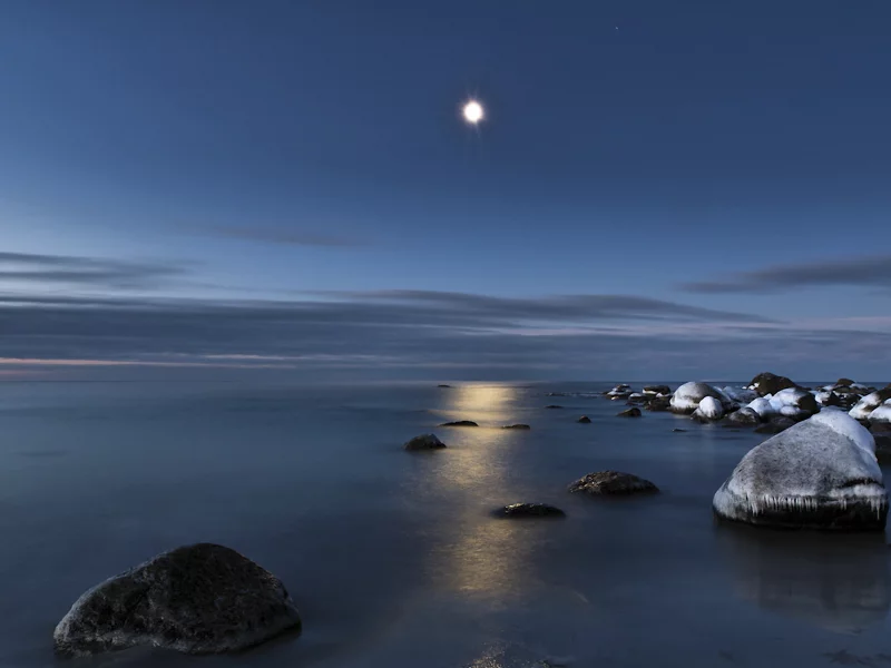 море, свет, луна, отражение, вода, камни