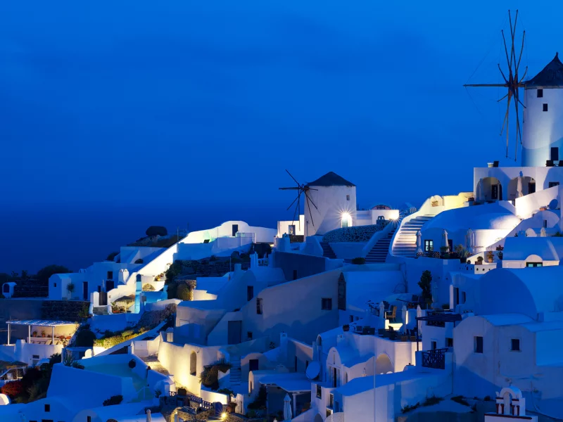 oia windmills, греция, ночь