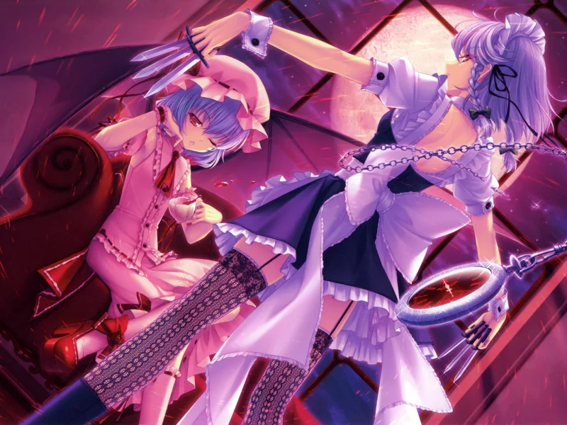 remilia scarlet, окно, ножи, крылья, цепь, девушки, луна, izayoi sakuya, часы, touhou