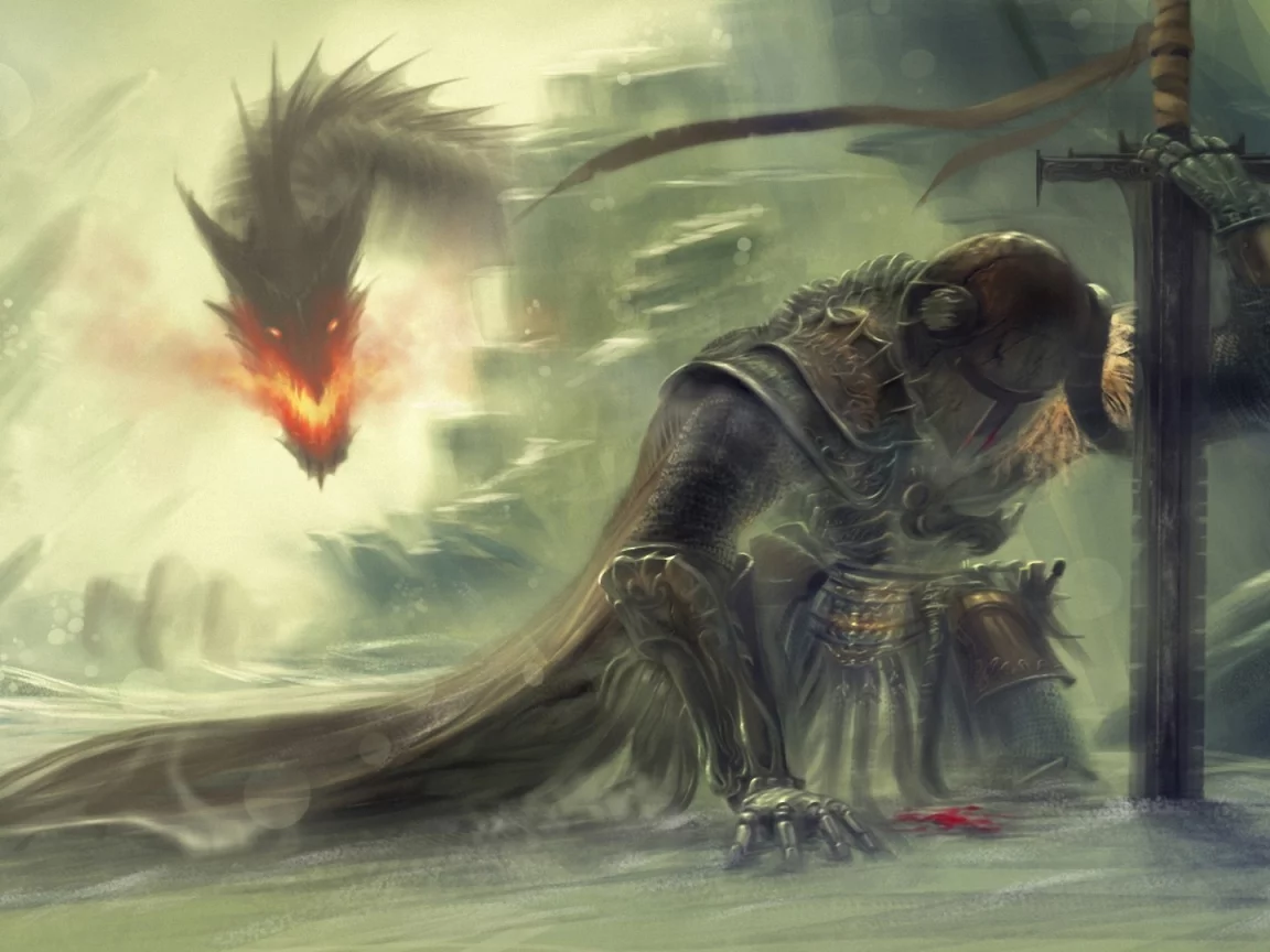 дракон, скалы, доспех, снег, воин, skyrim, арт, меч, огонь
