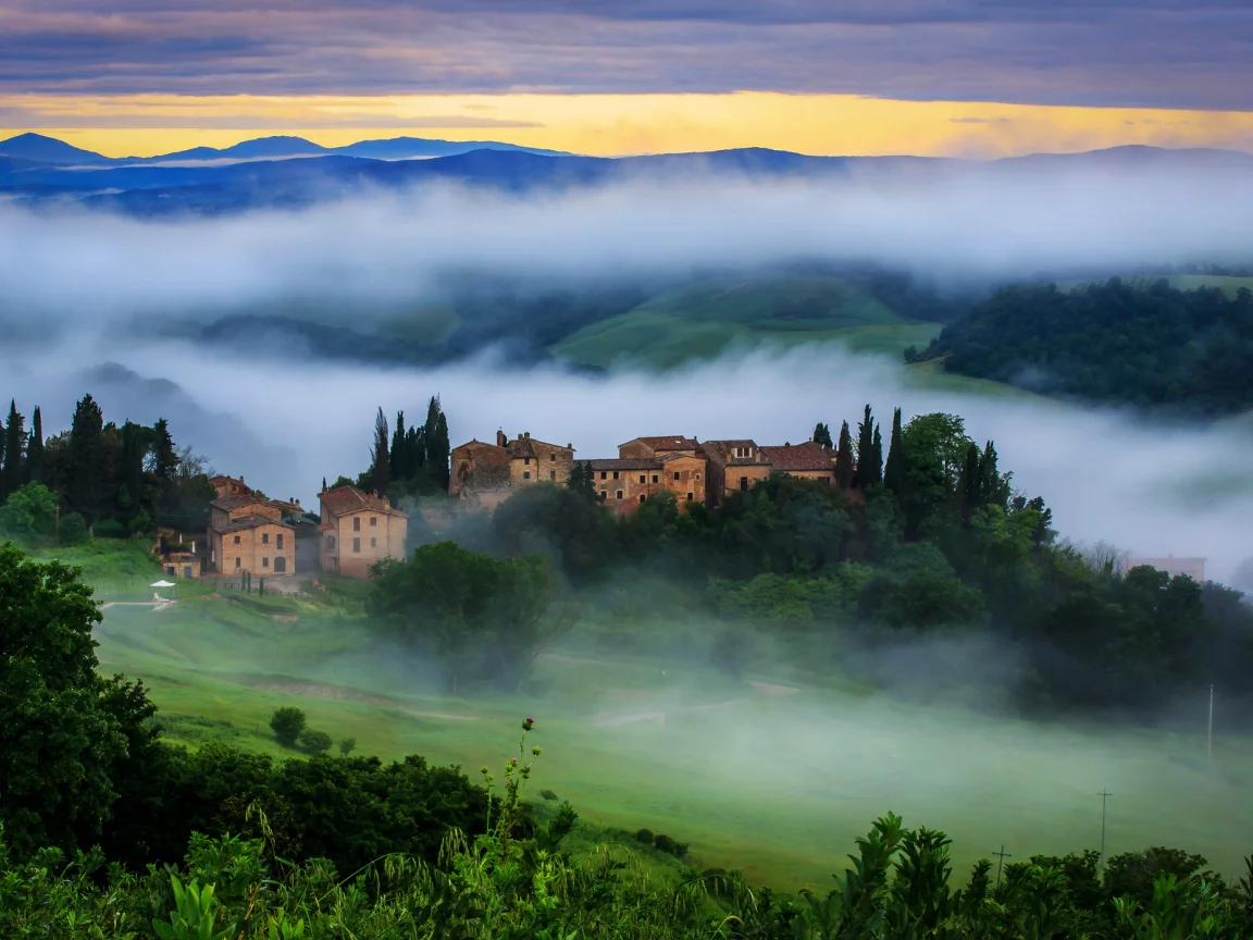 туман, tuscany, восход, toscana, италия, italy, тоскана, vergelle