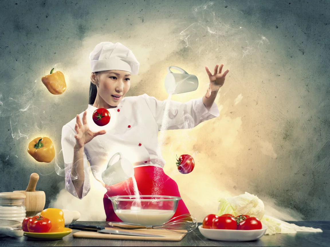 креатив, овощи, готовка, девушка, повар, перчик