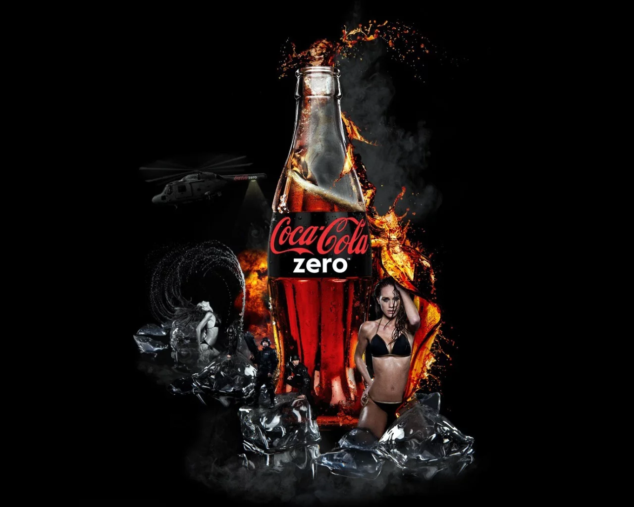 чёрный, лёд, кока-кало, coca-cola, фон, zero, капли, бутылка