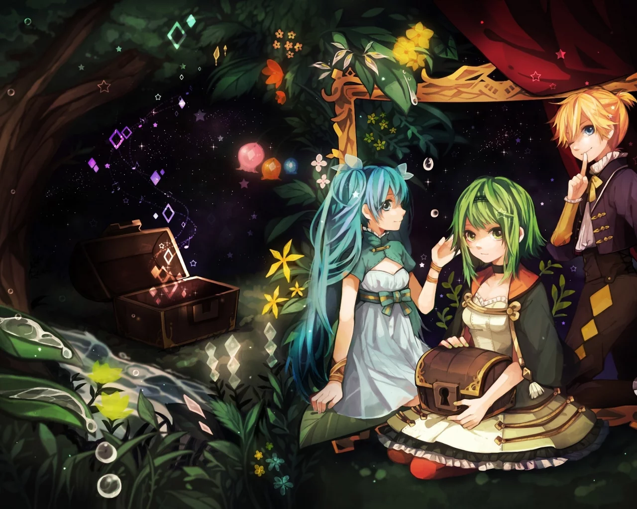 gumi, hatsune miku, девочки, kagamine len, vocaloid, tama, арт, сундук