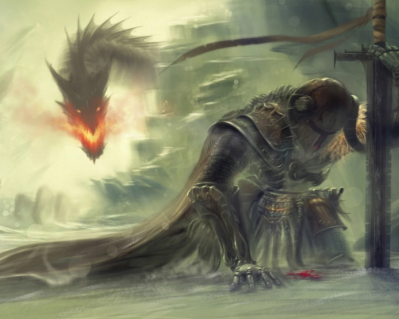 дракон, скалы, доспех, снег, воин, skyrim, арт, меч, огонь