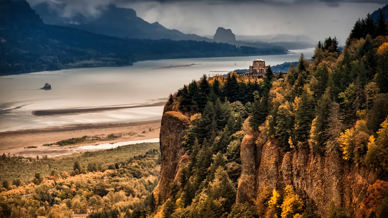 осень, columbia river gorge, лес, the overlook, горы, река