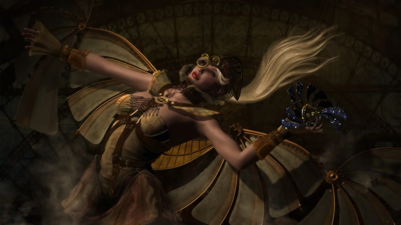 девушка, steampunk, крылья, механизм, арт, стимпанк