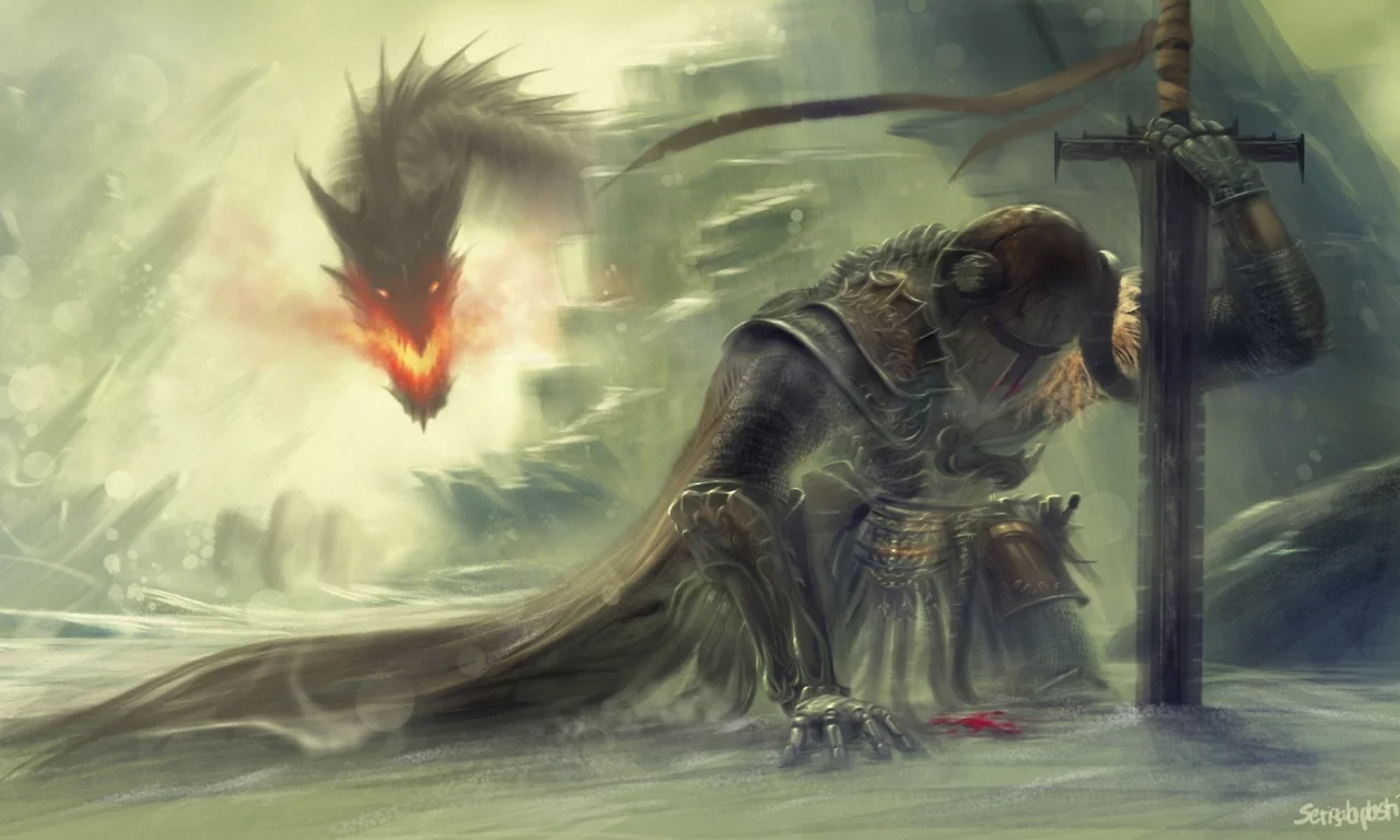 дракон, скалы, доспех, снег, воин, skyrim, арт, меч, огонь