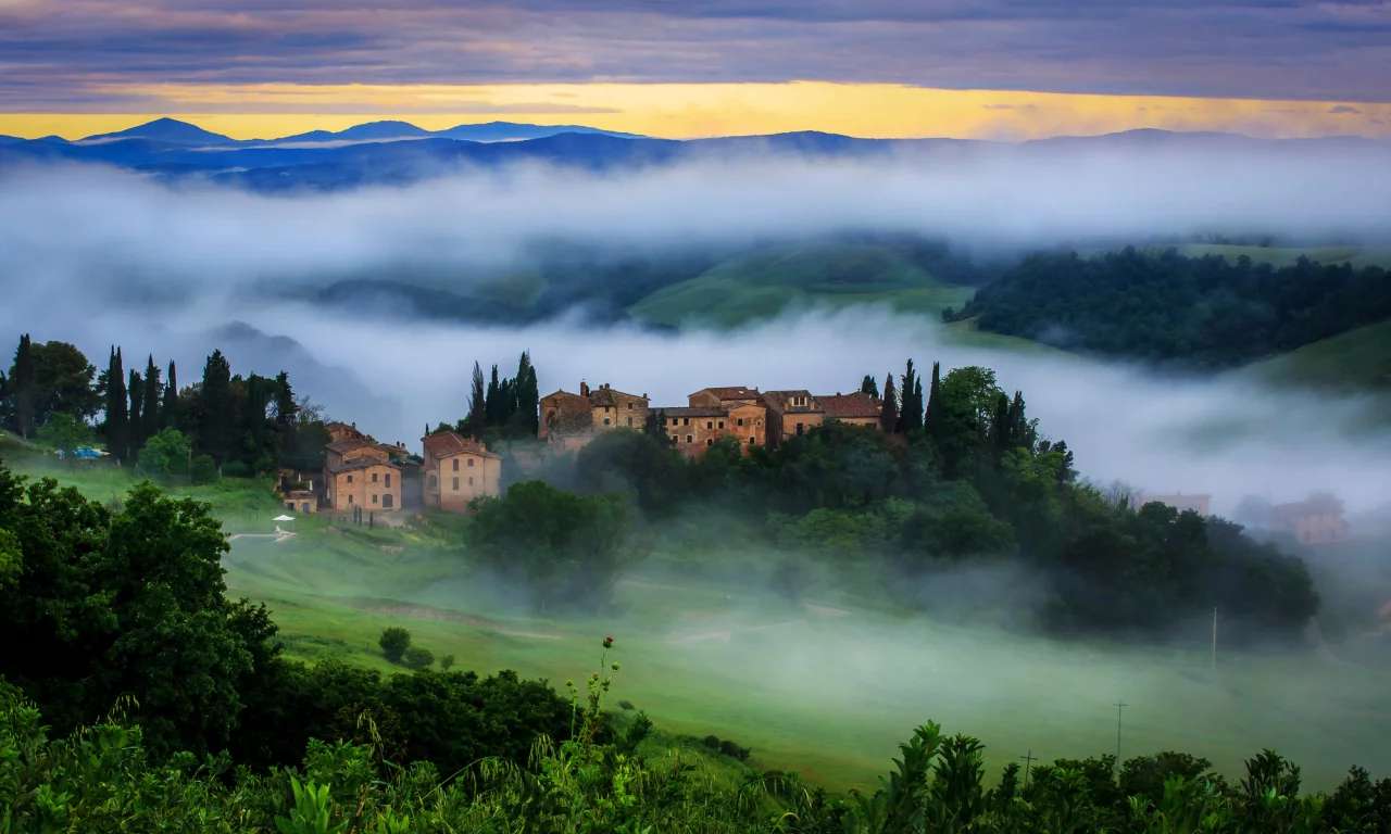 туман, tuscany, восход, toscana, италия, italy, тоскана, vergelle