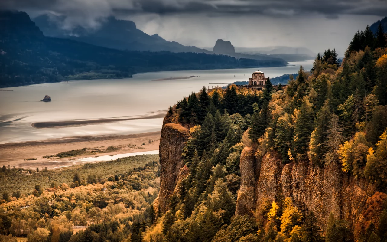 осень, columbia river gorge, лес, the overlook, горы, река