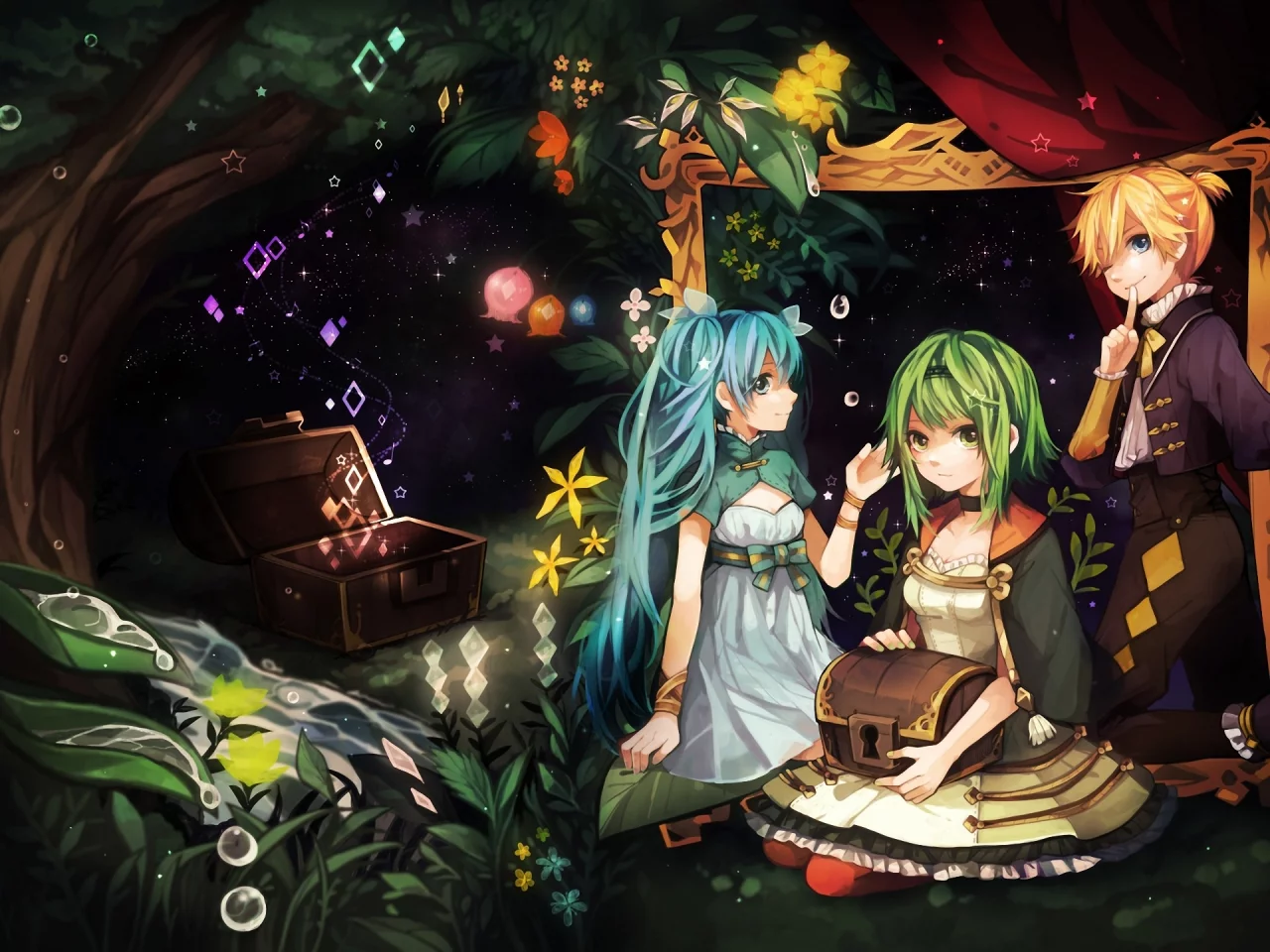 gumi, hatsune miku, девочки, kagamine len, vocaloid, tama, арт, сундук