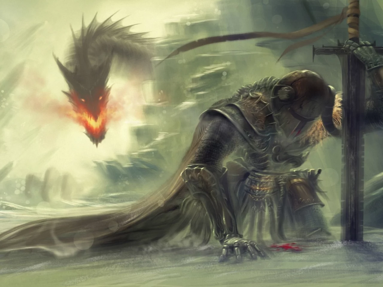 дракон, скалы, доспех, снег, воин, skyrim, арт, меч, огонь
