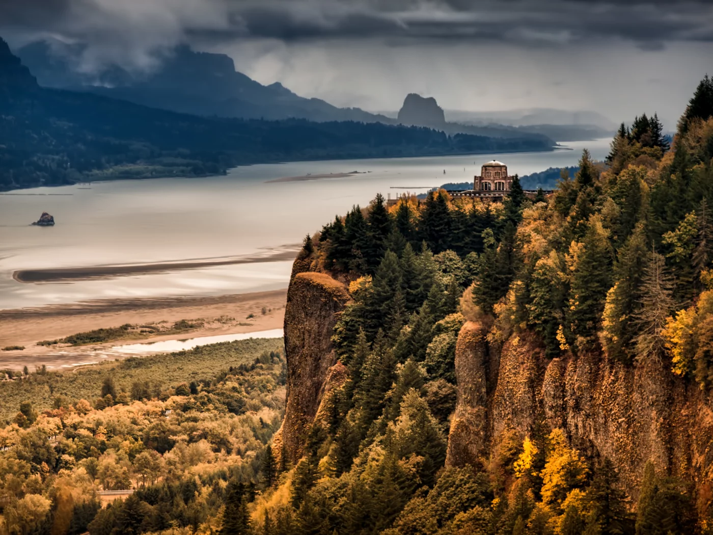 осень, columbia river gorge, лес, the overlook, горы, река
