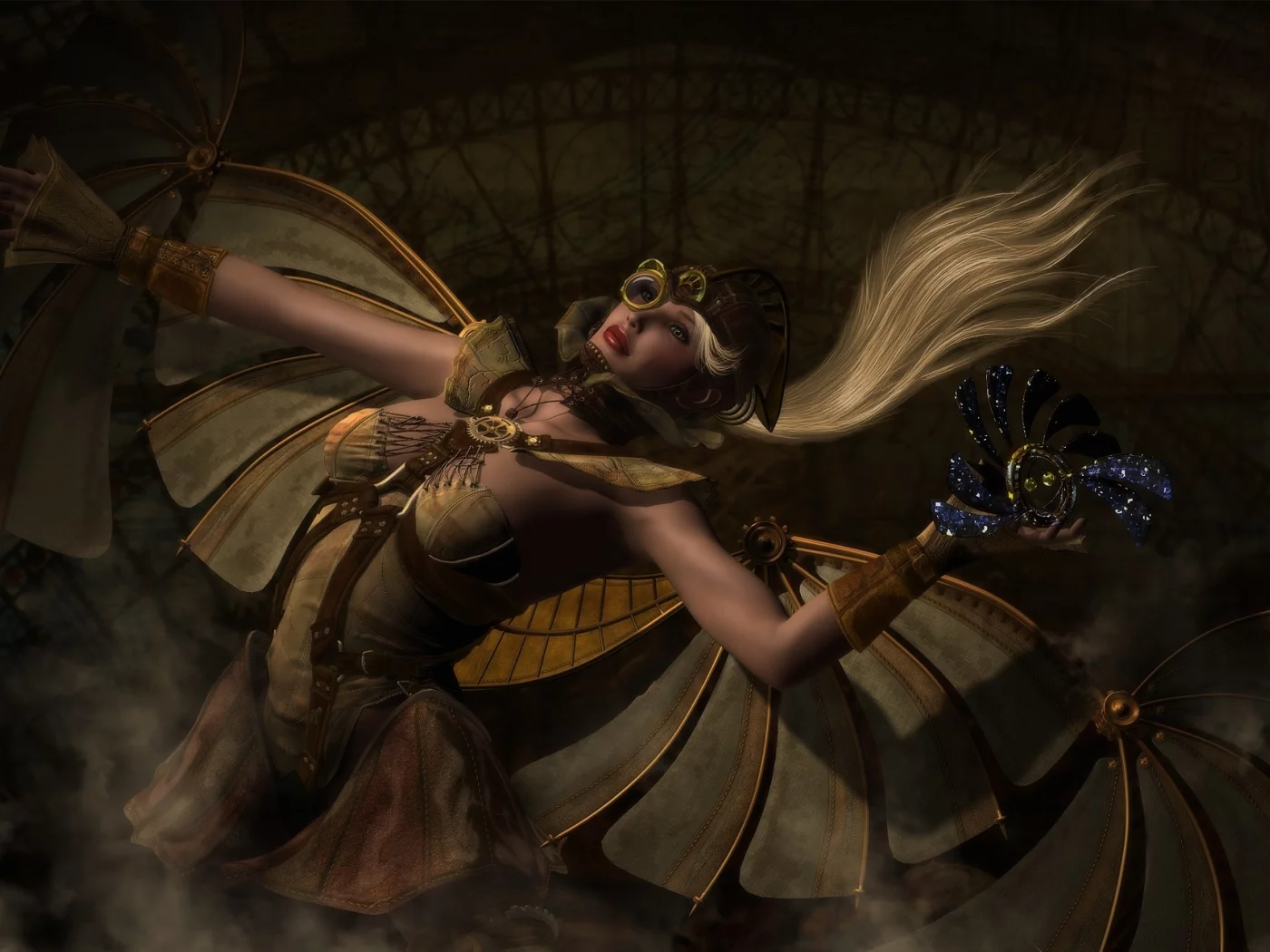 девушка, steampunk, крылья, механизм, арт, стимпанк