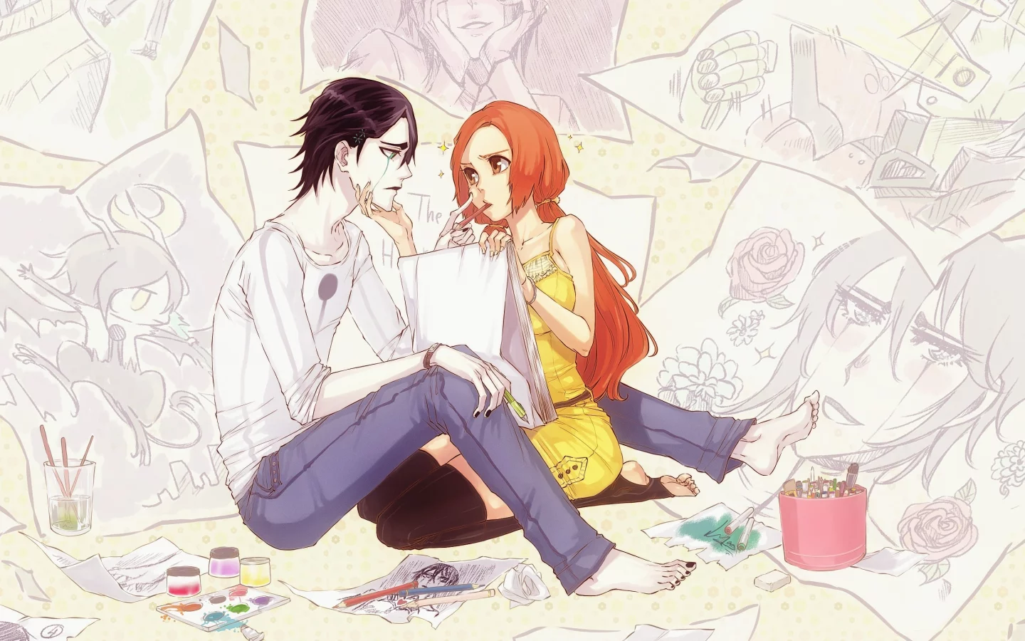 bleach, парень, inoue orihime, ulquiorra schiffer, rusky-boz, арт, аниме