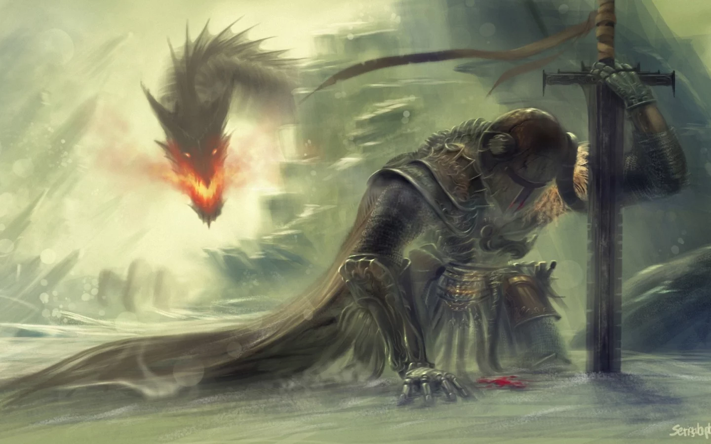 дракон, скалы, доспех, снег, воин, skyrim, арт, меч, огонь