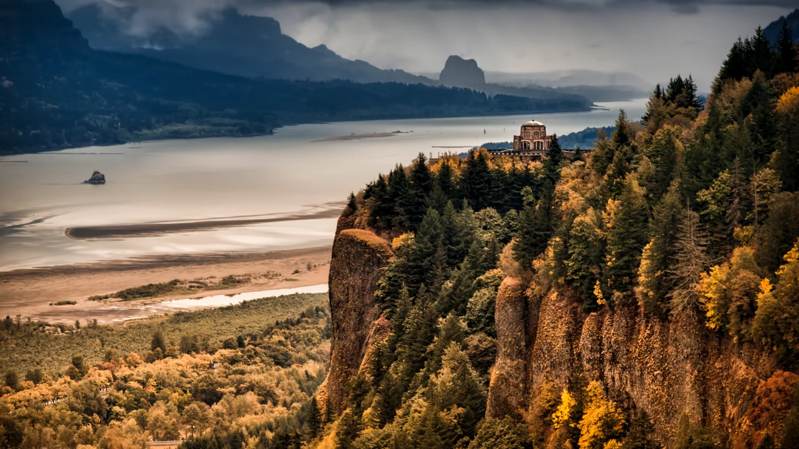 осень, columbia river gorge, лес, the overlook, горы, река