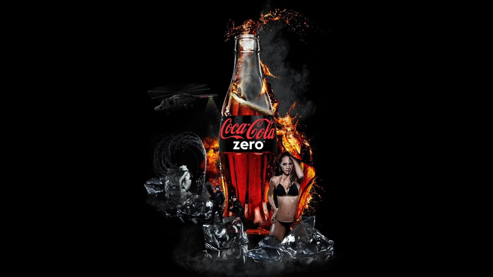 чёрный, лёд, кока-кало, coca-cola, фон, zero, капли, бутылка