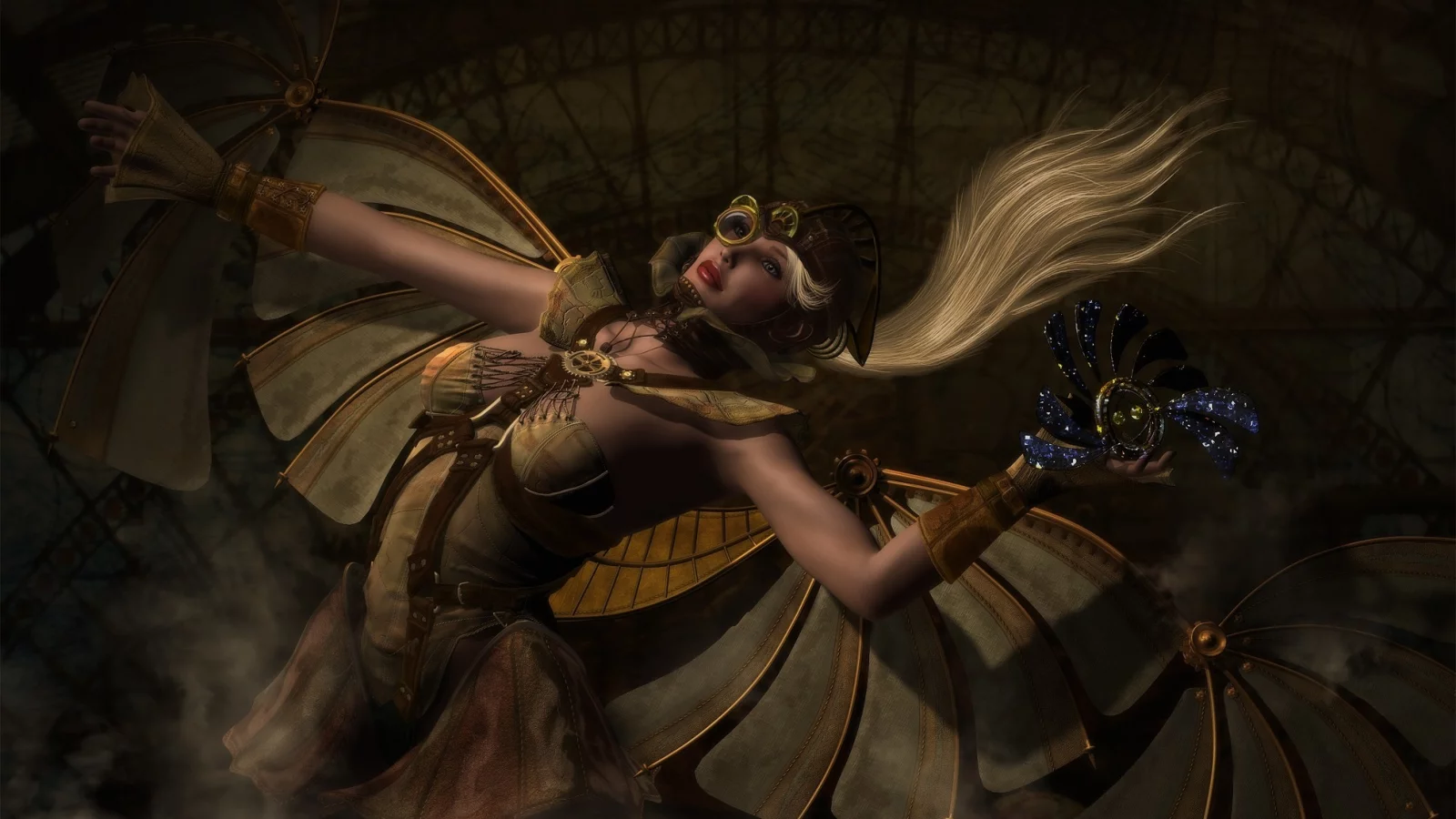 девушка, steampunk, крылья, механизм, арт, стимпанк