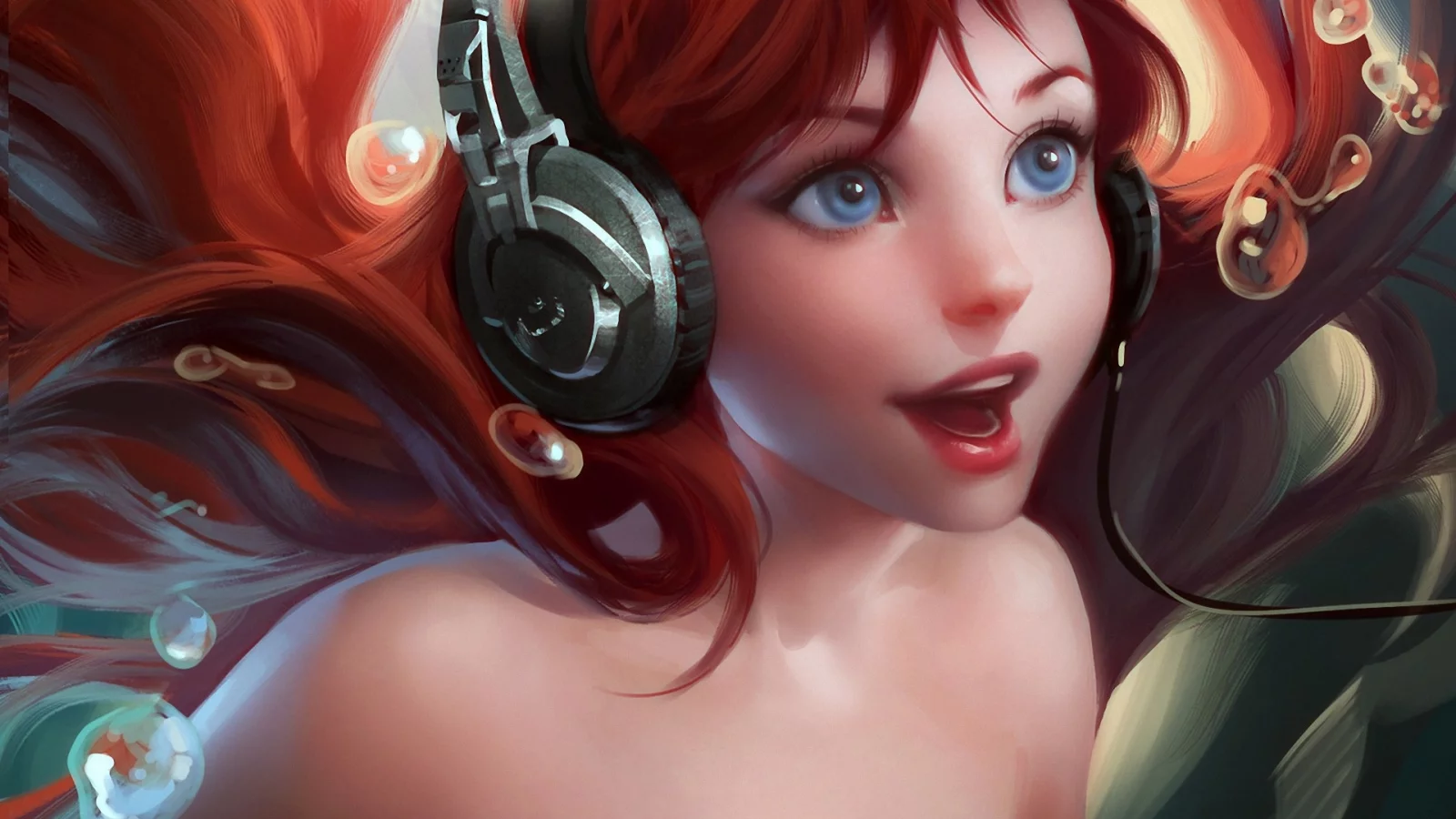 русалочка, sakimichan , ariel, наушники, the little mermaid, арт