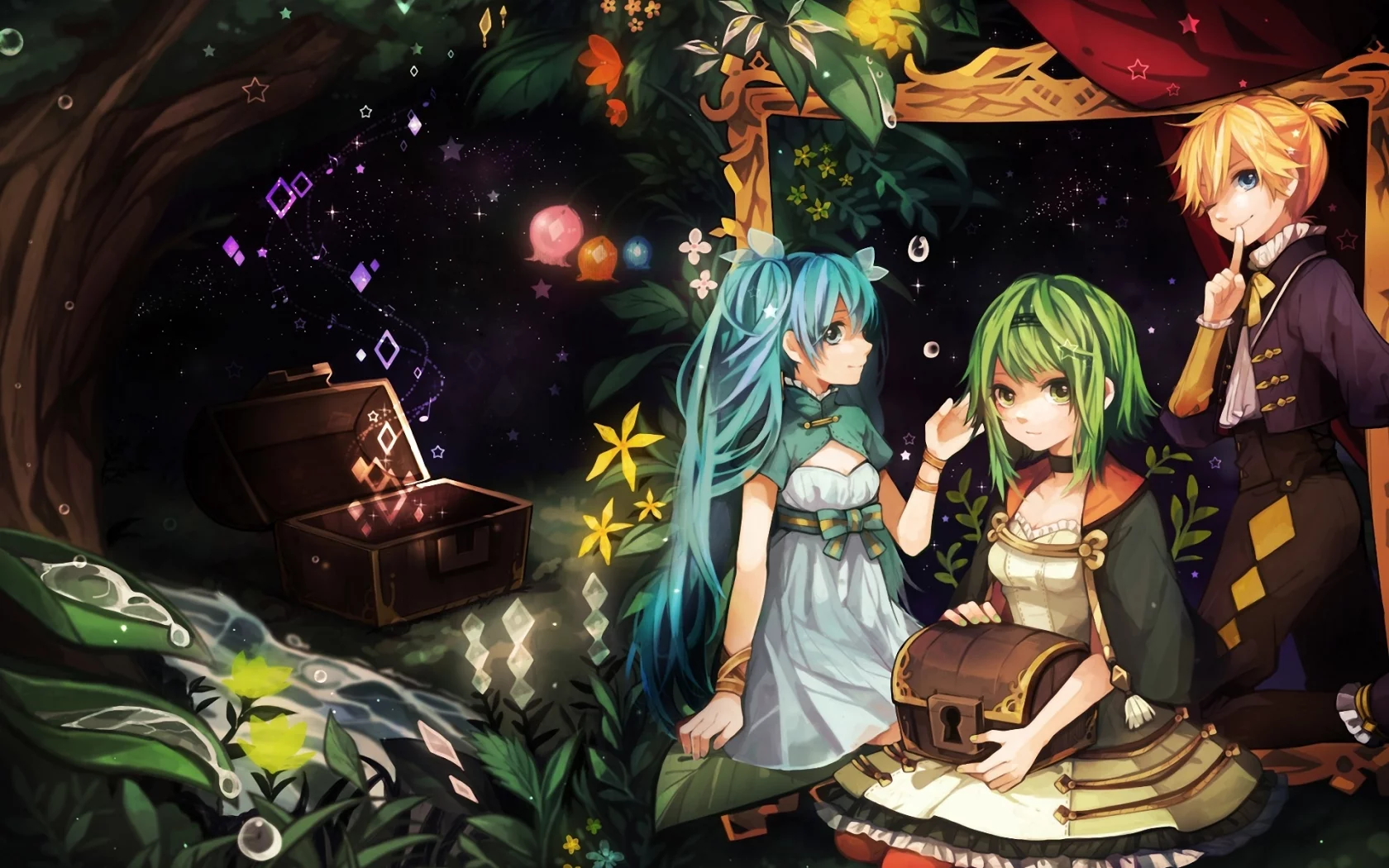 gumi, hatsune miku, девочки, kagamine len, vocaloid, tama, арт, сундук