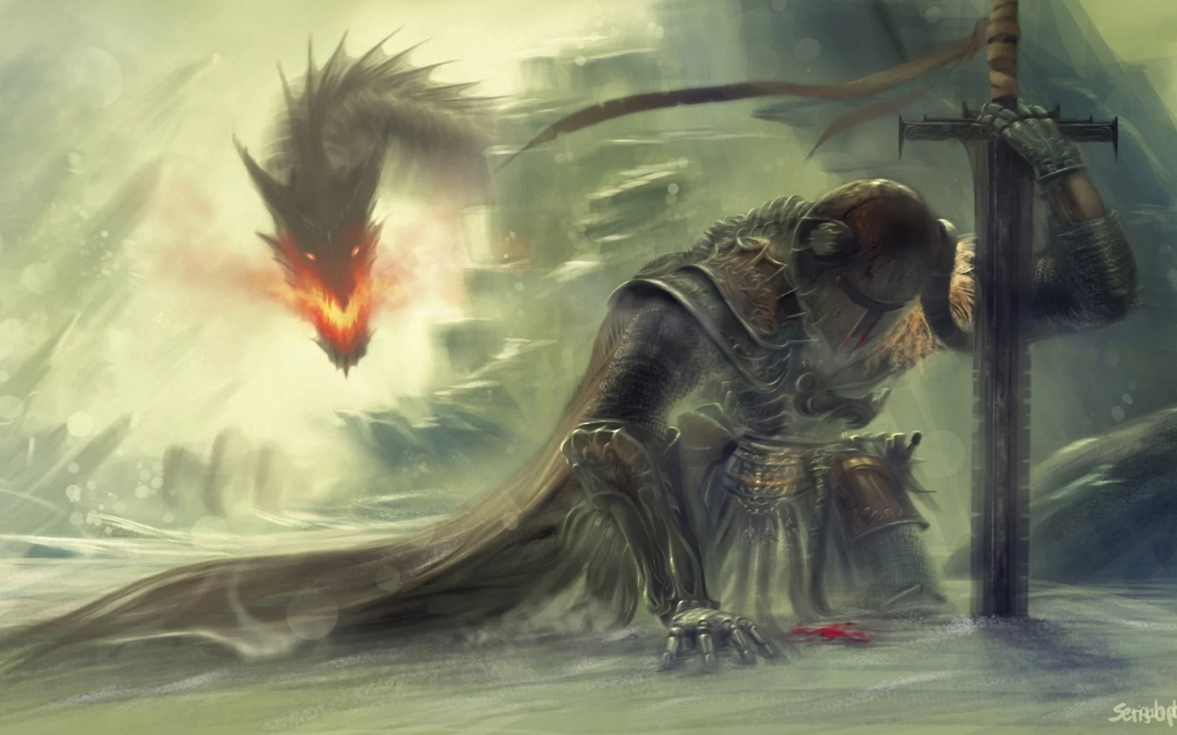 дракон, скалы, доспех, снег, воин, skyrim, арт, меч, огонь