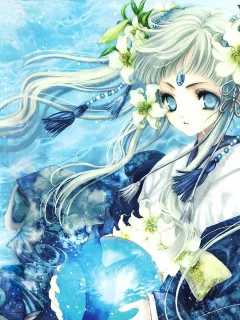 вода, арт, сфера, tohru adumi, лилии, рыбы, девушка