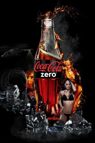 чёрный, лёд, кока-кало, coca-cola, фон, zero, капли, бутылка