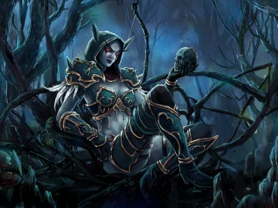 лук, wow, арт, девушка, череп, sylvanas, эльфийка, world of warcraft