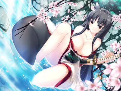 уши, kaho okashii , арт, пруд, вода, сакура, девушка, катана