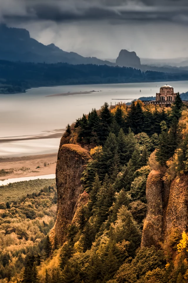 осень, columbia river gorge, лес, the overlook, горы, река