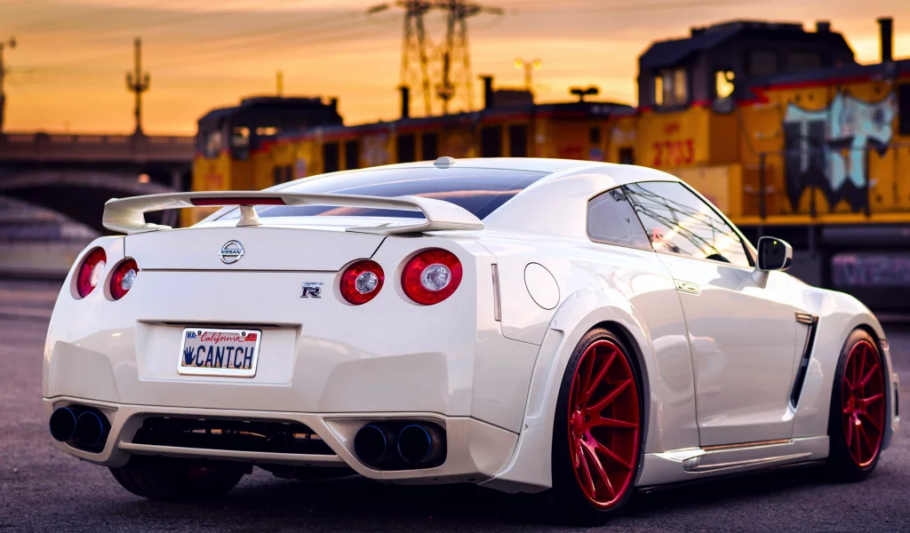 небо, задом, закат, gt-r, красные, белый, nissan, диски, поезд