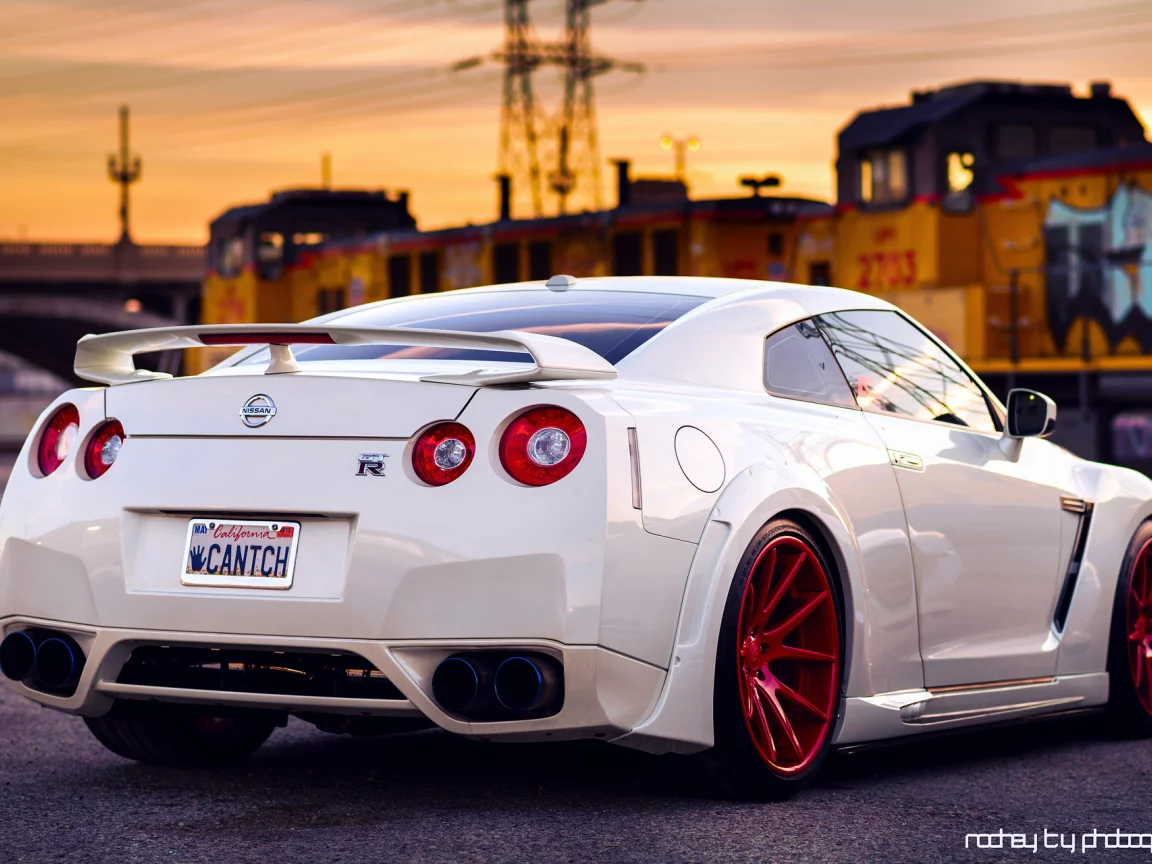 небо, задом, закат, gt-r, красные, белый, nissan, диски, поезд