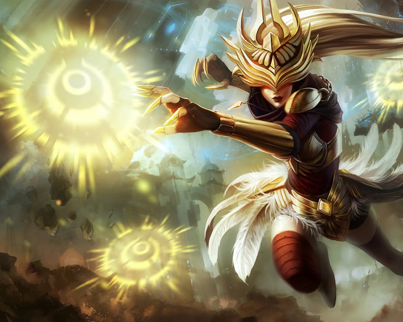 девушка, доспехи, магия, syndra, lol, league of legends, перья