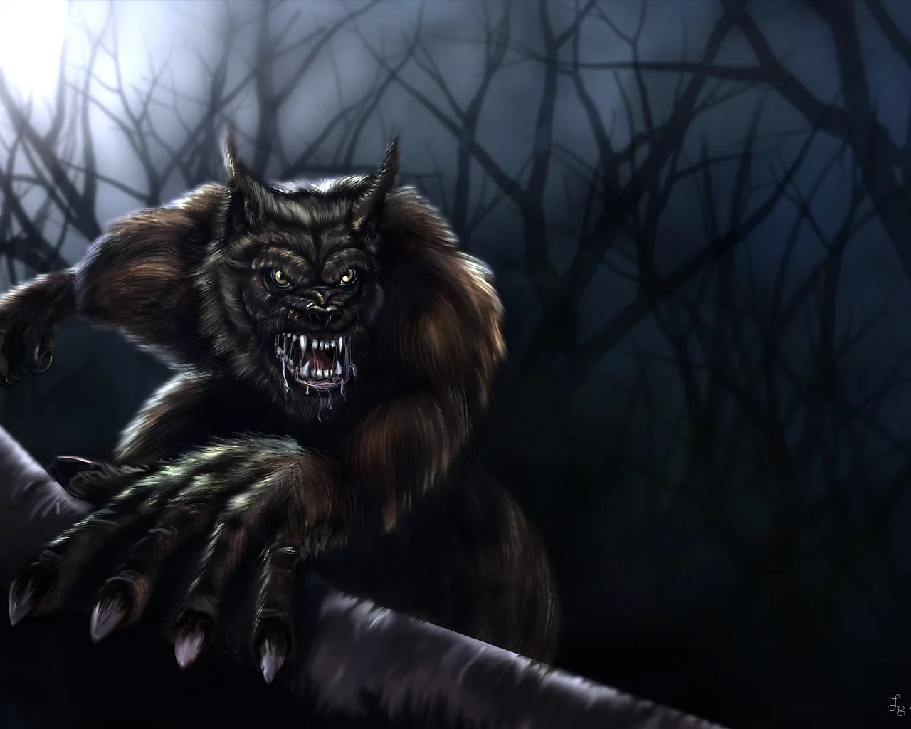 волк, ночь, оборотень, werewolf, волкодав, деревья