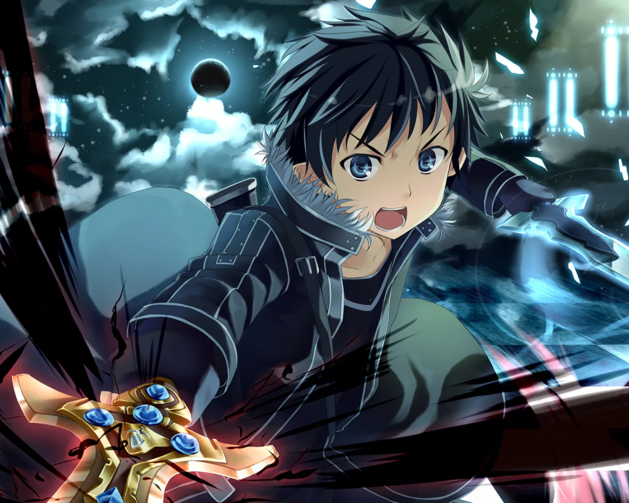 шахматка, луна, парень, оружие, меч, sword art online, арт